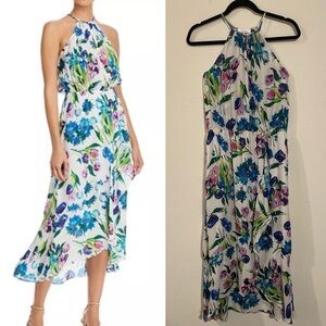 Parker Women Midi Dress Large White Silk Floral Dottie Halter Balletcore Preppy